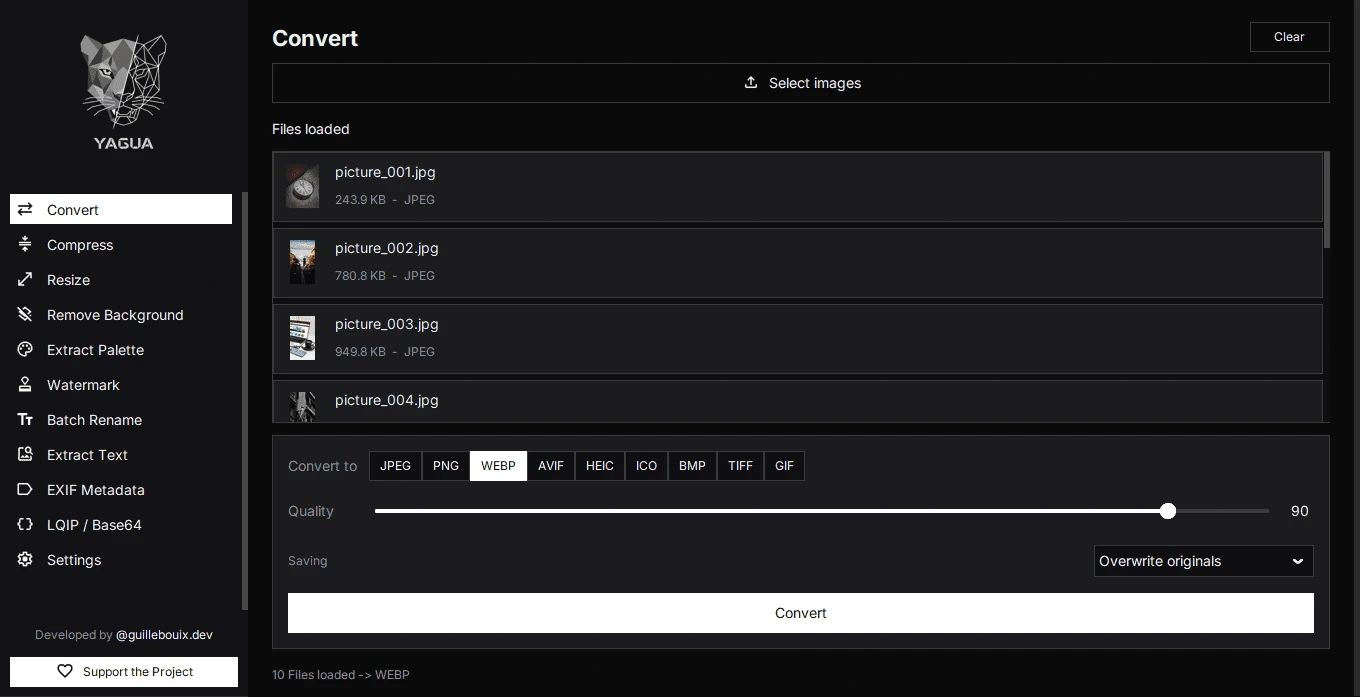 Convert with loaded images, WEBP format, and quality 90.