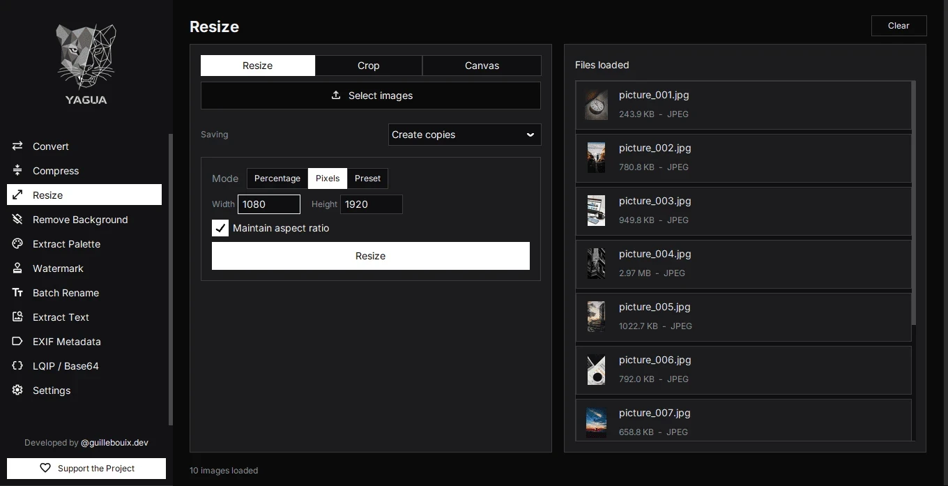 Image resizing with size, crop, and canvas modes