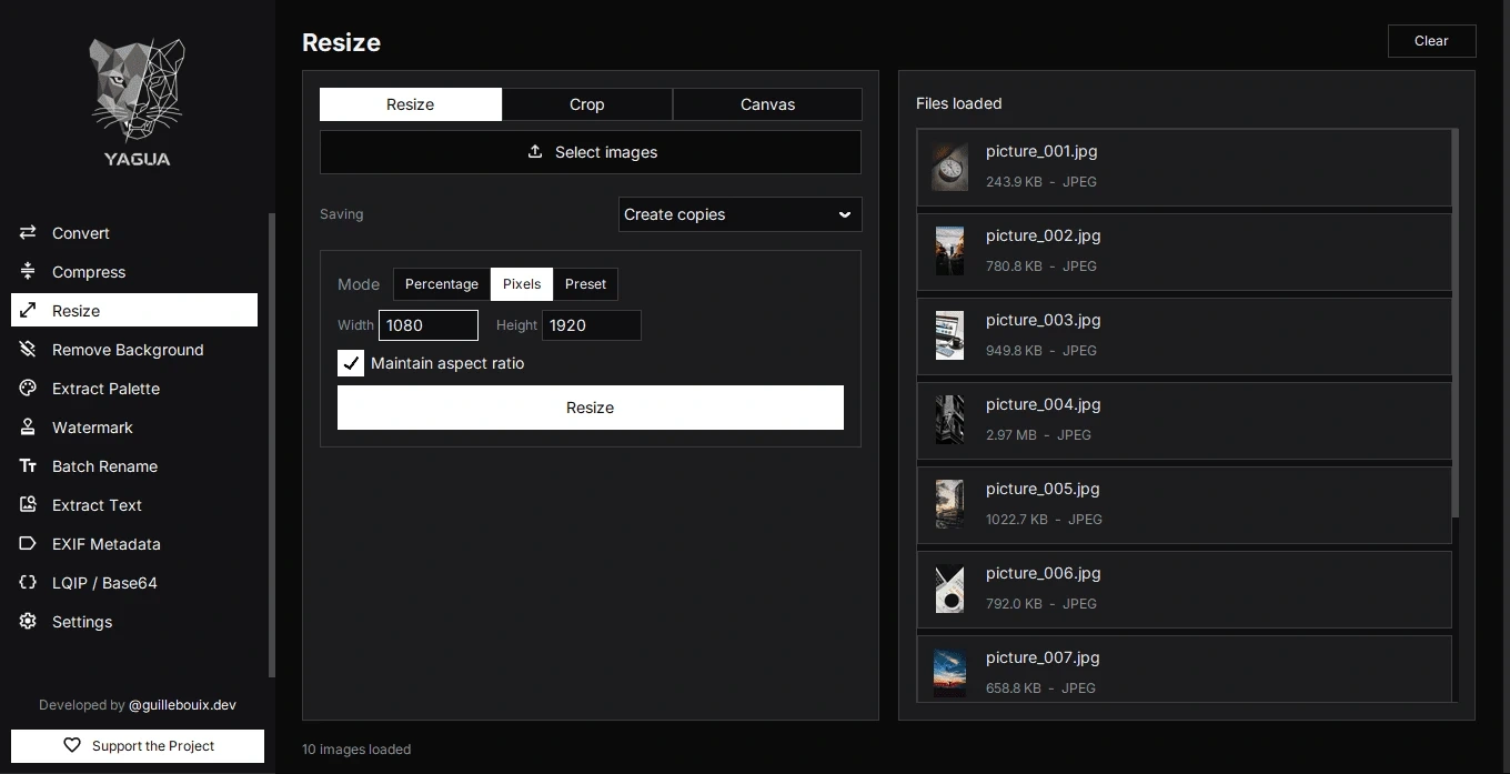 Resize in Pixels mode with 1080 × 1920 dimensions and Maintain aspect ratio enabled.