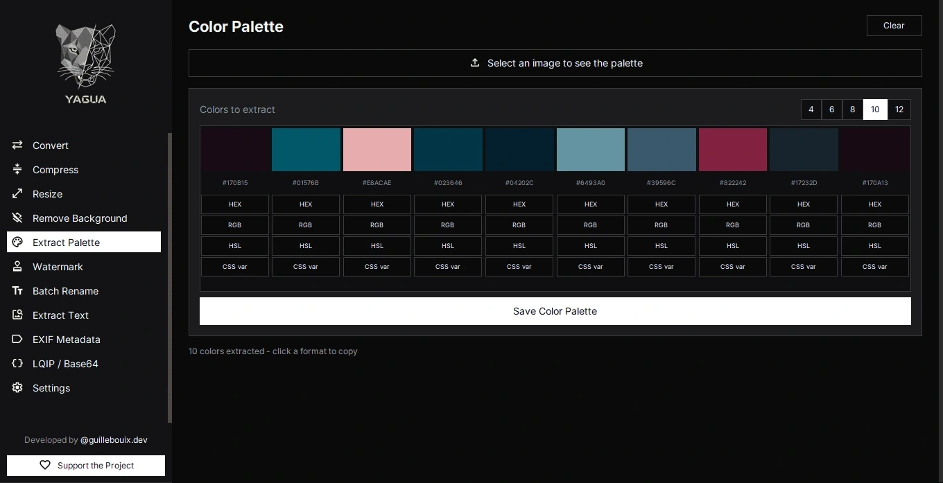Paleta de diez colores extraídos y opciones HEX, RGB, HSL y CSS var.