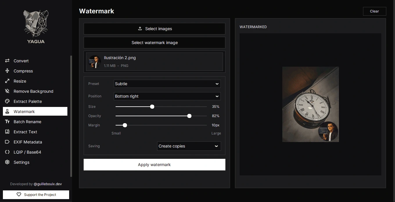 Watermark with position, size, and opacity controls and a result preview.