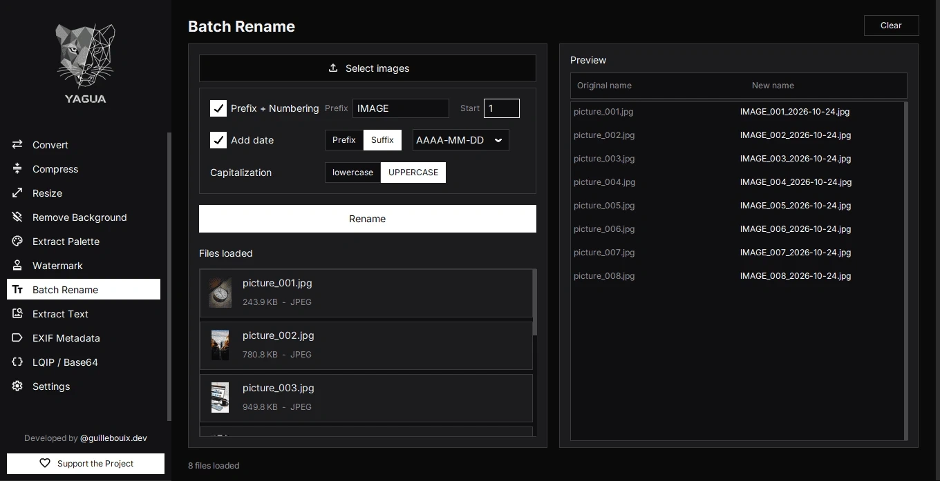 Batch Rename with the IMAGE prefix, numbering, date, and filename previews.