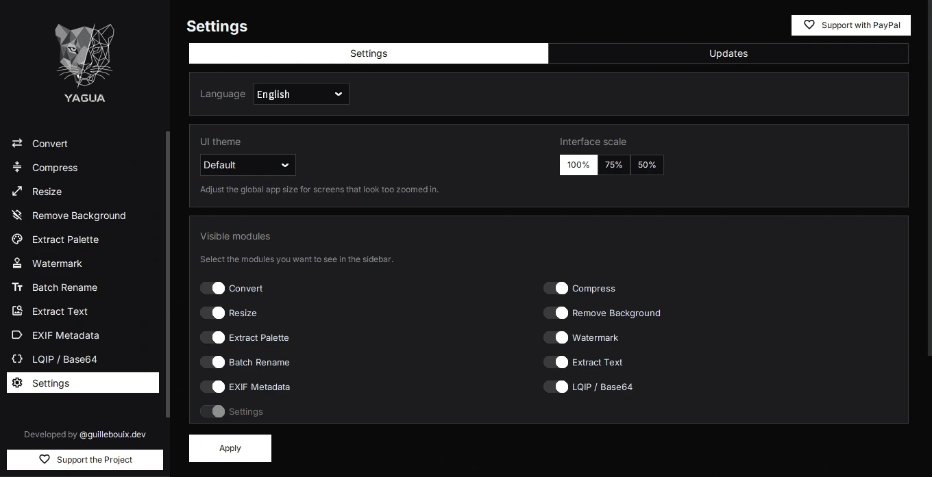 Settings for language, theme, interface scale, and visible modules.
