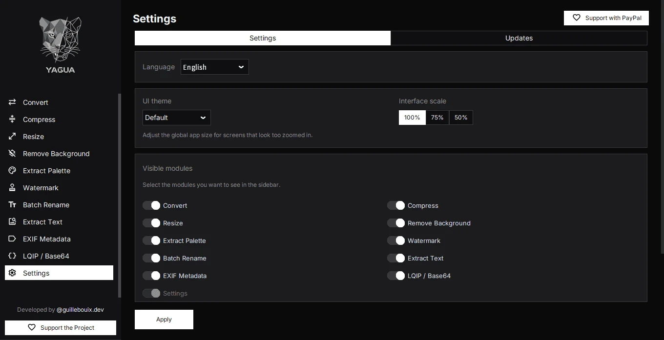 Settings for language, theme, scale, and visible modules
