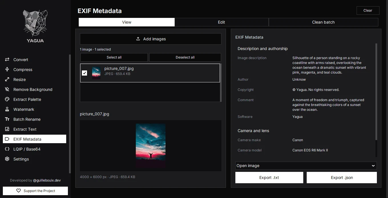 EXIF metadata view showing image details and a preview