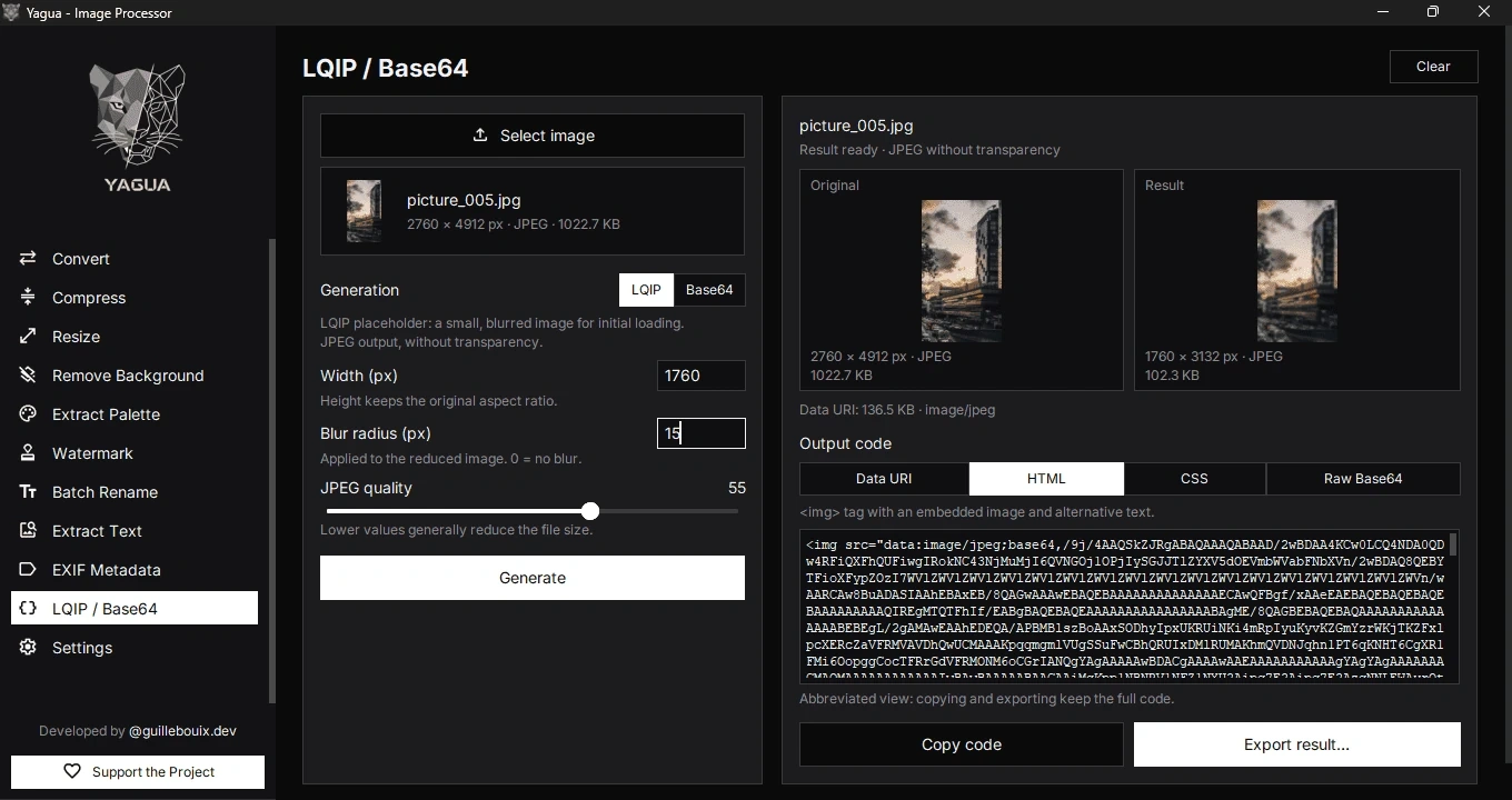 Generated LQIP with width 1760, blur 15, quality 55, comparison, and HTML code.