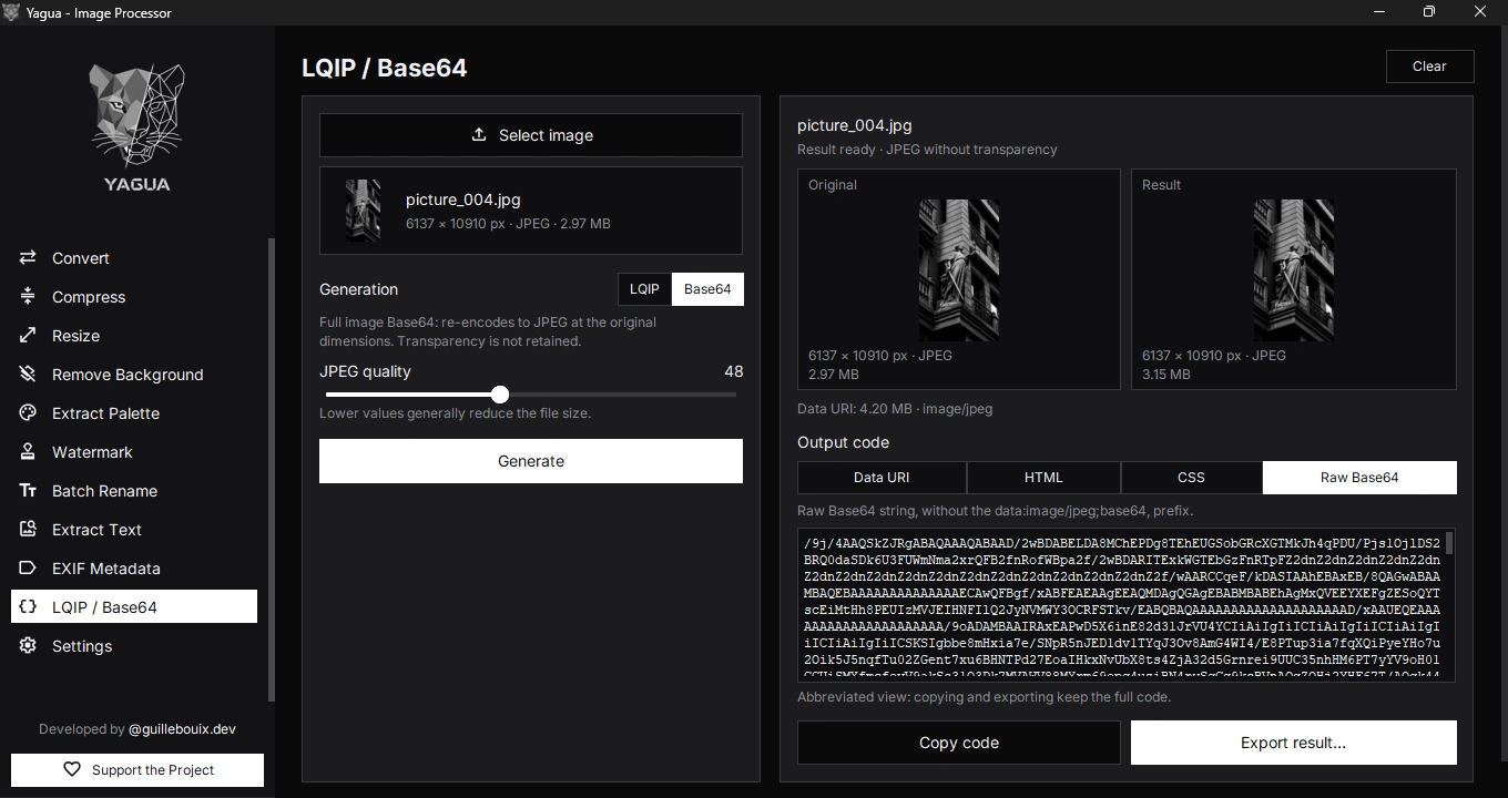 Generated Base64 at quality 48, showing the comparison and Raw Base64 selected.