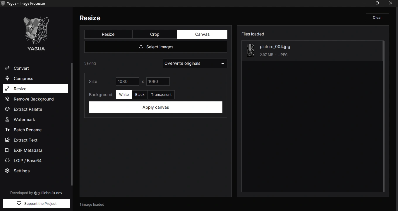 Canvas with one loaded image, size fields showing 1080 as a placeholder, and a white background selected.